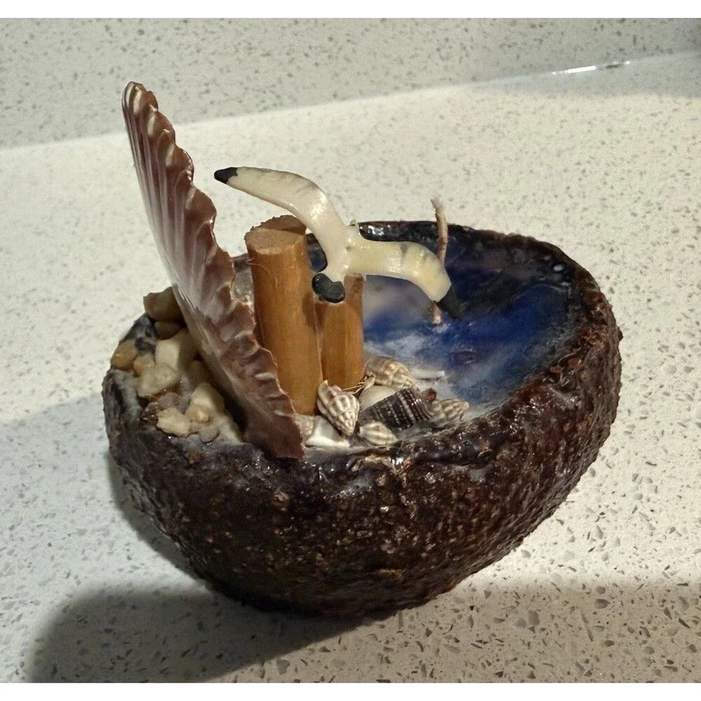 Wax Works Candle Stone Base Shell Accents Water Color Wax With Bird
